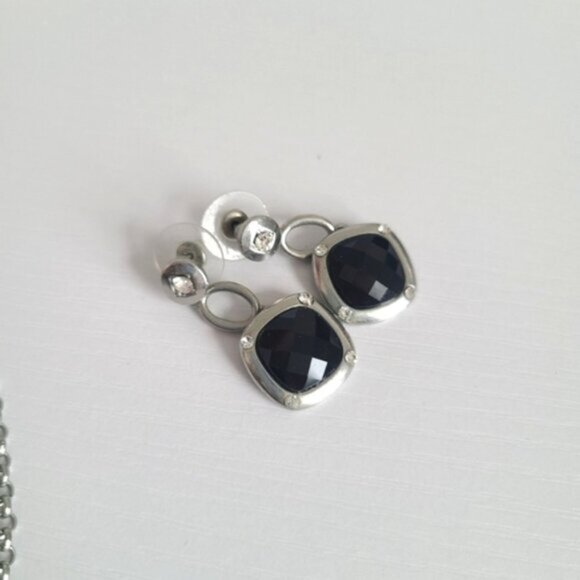 Vintage Matte Silver ToneChunky Black Onyx Faceted Crystal Y Necklace Earrings - Picture 5 of 9